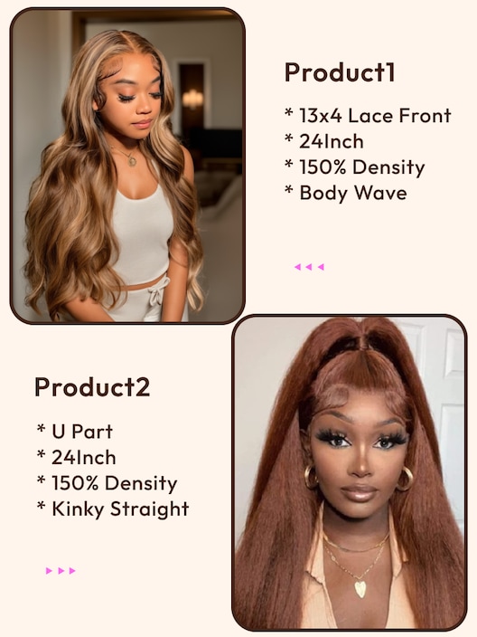 2 Wigs $89 for 24inch 13x4 Lace Front Honey Blonde Body Wave Wig and 24inch U Part Red Orange Kinky Straight Hair