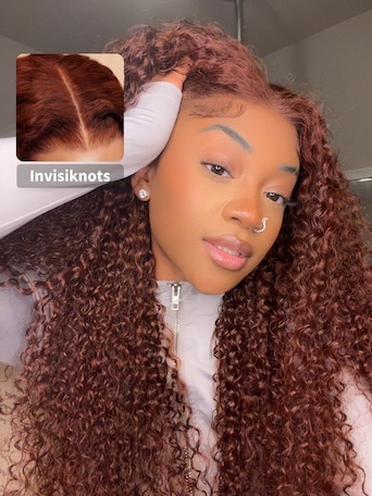 [26"=$159]Glueless Lace 7x5 Bye Bye Knots Reddish Brown Curly Wig With Drawstring Bleached Knots Bouncy 150% Density