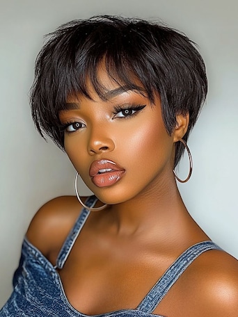 UNice Short Pixie Cut Human Hair Glueless Wig With Side Bangs