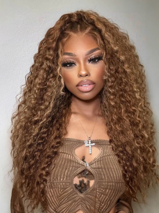 [22"=$109] Honey Blonde Balayage Jerry Curly 4x4 Lace Wig 150% Density Human Hair Wigs Friday Deal