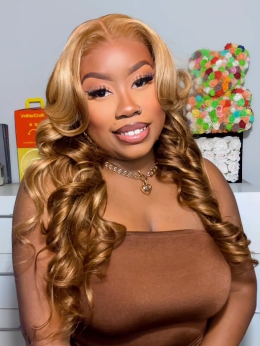 7x5 Bye Bye Knots Wig Glueless Lace Honey Blonde Body Wave Wig With Bleached Clean Knots Bouncy 180% Density
