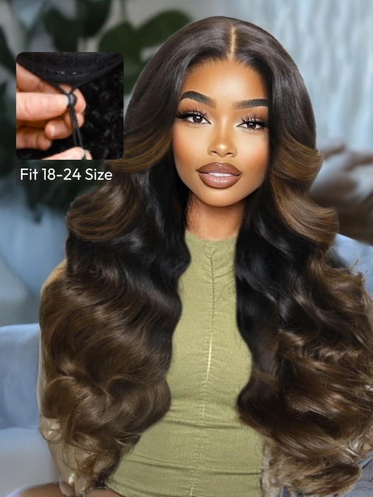 UNice EasiContour™ V Part Black to Chestnut Brown Ombre Body Wave Wig With Invisi Drawstring