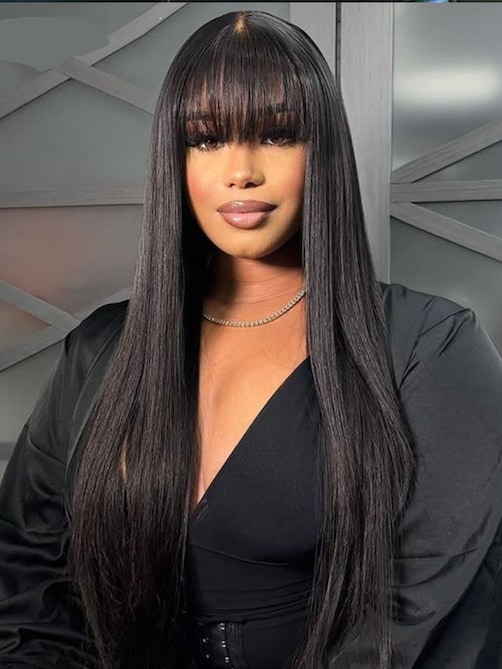 Black Yaki Wig Human Hair Glueless Wig with Blunt Bangs 150% Density