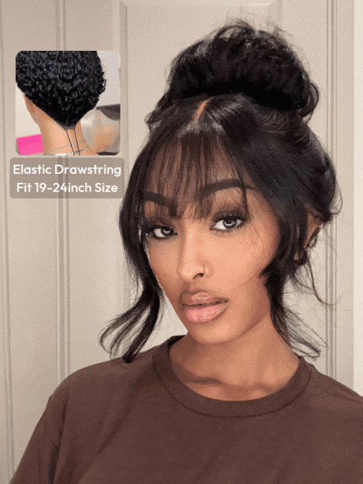 7x5 Bye-Bye Knots™ Super Melted Lace Black Fluffy Natural Loose Wave Curtain Bangs Wig