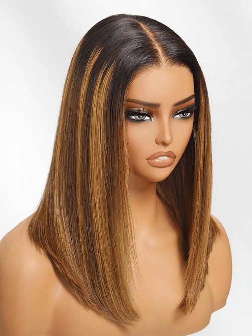 UNice Bye-Bye Knots 7x5 Lace Brown With Blonde Piano Highlights Blunt Bob Wig with Dark Roots