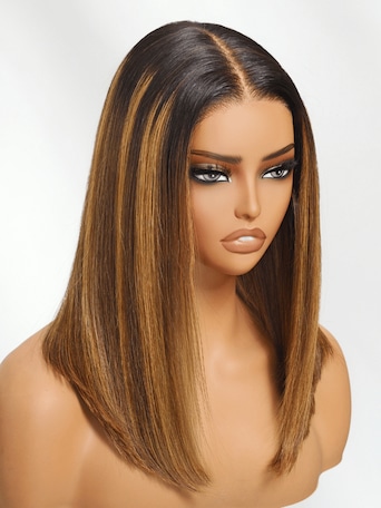 UNice Bye-Bye Knots 7x5 Lace Brown With Blonde Piano Highlights Blunt Bob Wig with Dark Roots
