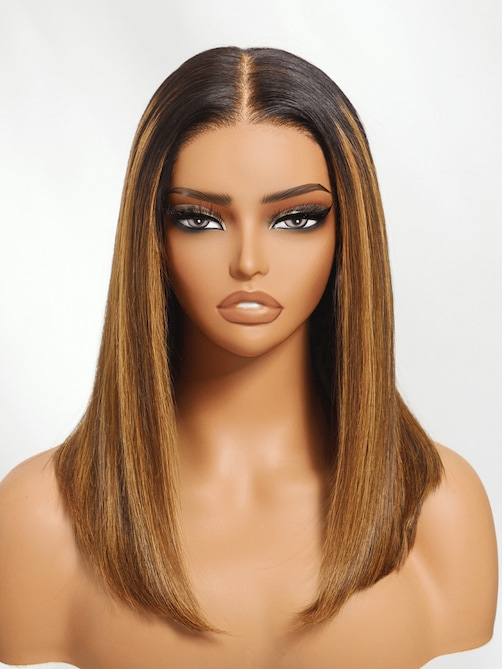 UNice Bye-Bye Knots 7x5 Lace Brown With Blonde Piano Highlights Blunt Bob Wig with Dark Roots