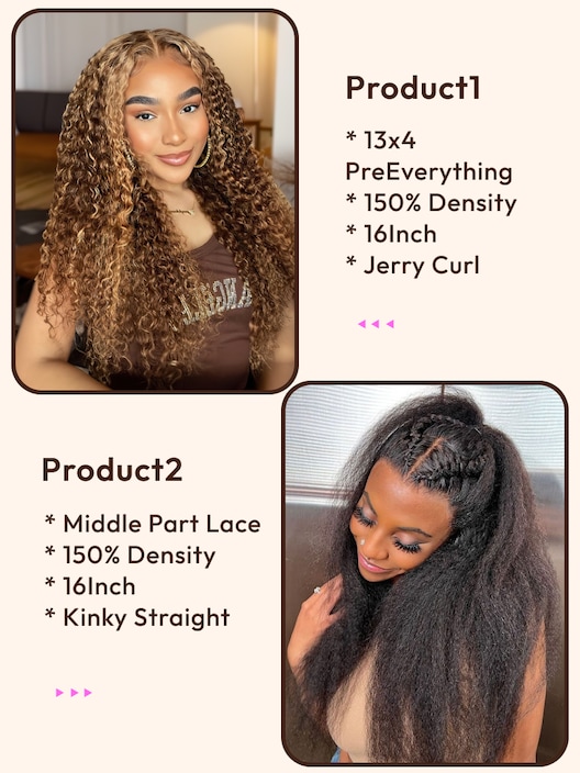 2 Wigs $167 for 16" 13x4 PreEverything Lace Front Curly Wig and 16inch Middle Lace Part Kinky Straight Wig