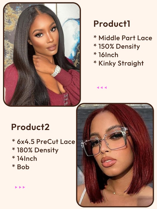 2 Wigs $165 for 16" Middle Lace Part Kinky Straight Wig and 14" Reddish Brown PreCut 6x4.5 Lace Bob Wig
