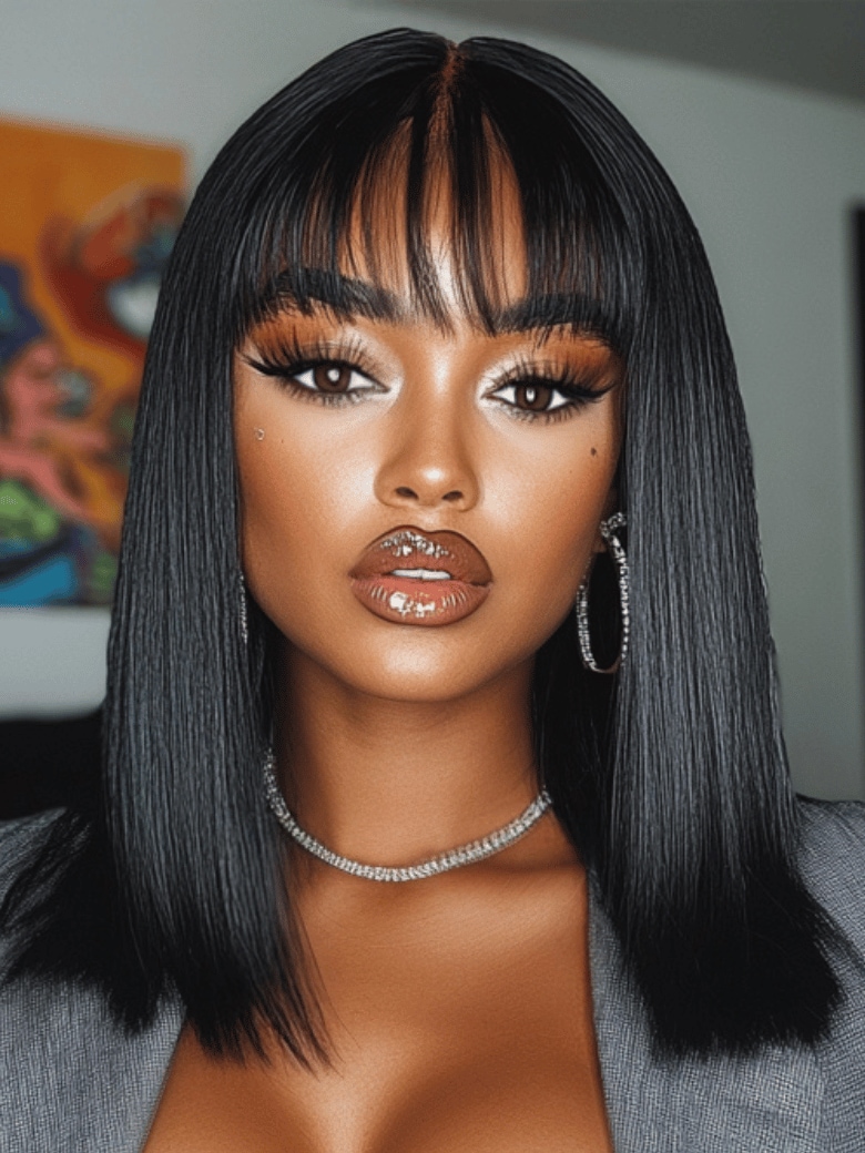 UNice 2x4 Lace Closure Yaki Straight Bob Wig with Chinese Bangs