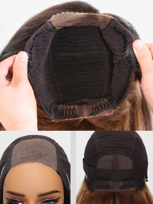 Double Wear 4x4 Yaki Straight Wig Ombre Chestnut Brown & Honey Blonde Higlight 2 Styles In 1 Put On And Go Wig
