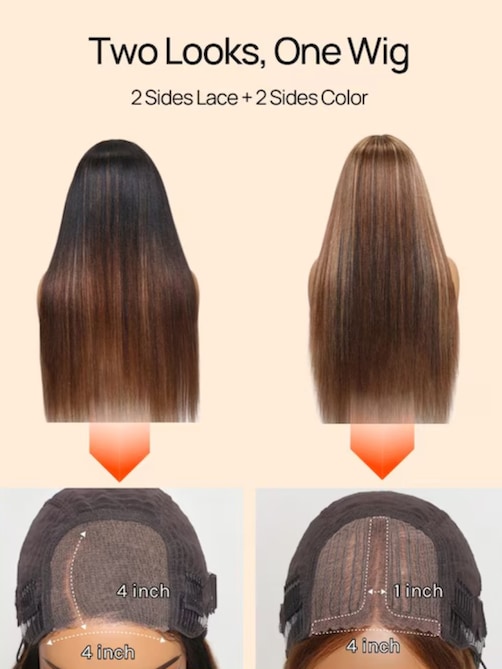 Double Wear 4x4 Yaki Straight Wig Ombre Chestnut Brown & Honey Blonde Higlight 2 Styles In 1 Put On And Go Wig