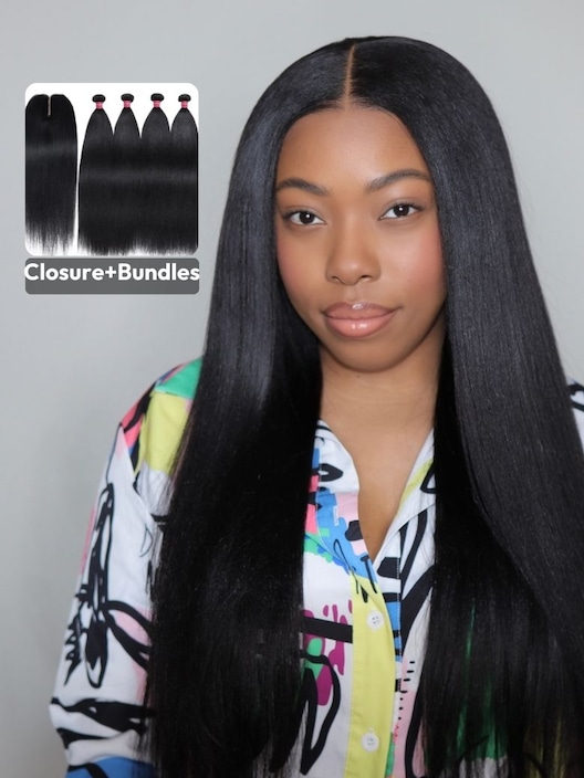 UNice Yaki Hair 4 Bundles with Middle Part T Part Lace Closure Natural Color Virgin Human Hair