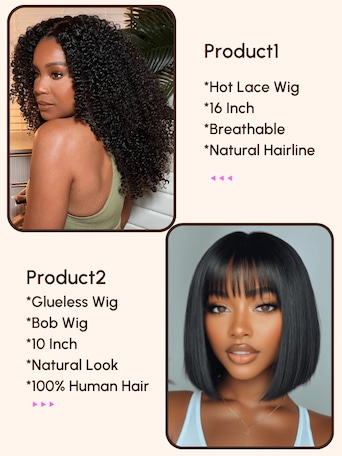 $89=2 Wigs | 16" Lace Part Kinky Curly Wig and 10" Bob Wig with Bang