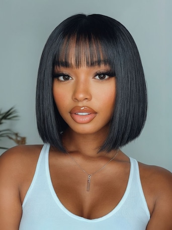 UNice Straight Bob Black Wig Human Hair Glueless Wig with Blunt Bangs