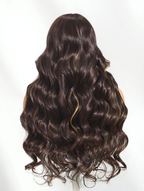 UNice Bye-Bye Knots 7x5 Lace Chocolate Brown Hair With Highlights Loose Wave Wig With Face Framing Layers