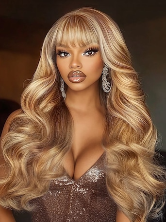 UNice 13x4 Pre-Everything™ Lace Frontal Honey Blonde Highlights Fluffy Loose Wave Curtain Bangs Wig
