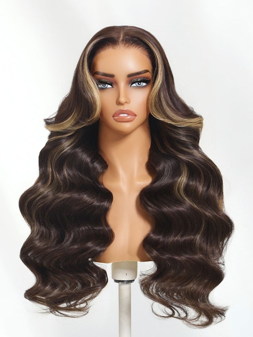 UNice Bye-Bye Knots 7x5 Lace Chocolate Brown Hair With Highlights Loose Wave Wig With Face Framing Layers