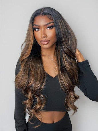 7x5 Lace Sun-Kissed Balayage Highlight Bye Bye Knots Glueless Lace Body Wave Wig With Invisi Drawstring