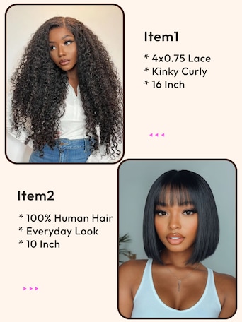 2 Wigs $99 for 16" Kinky Curly Lace and 10" Bob Wig