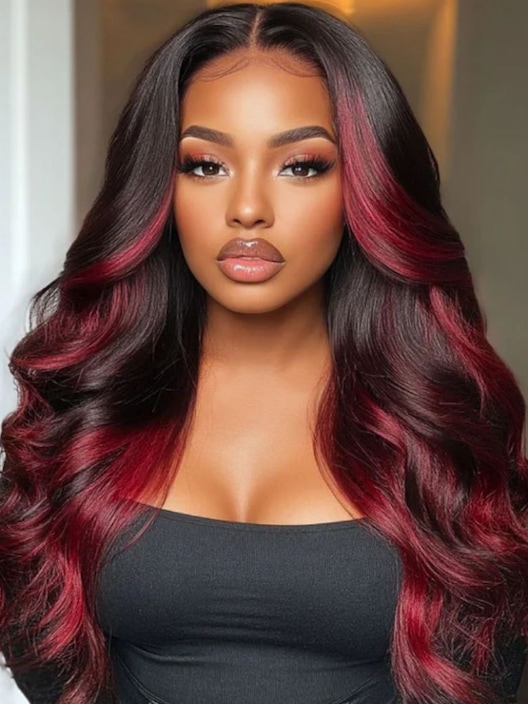 UNice Bye-Bye Knots 7x5 Lace Loose Wave Burgundy Highlights Wig with Face Framing Layers 180% Density