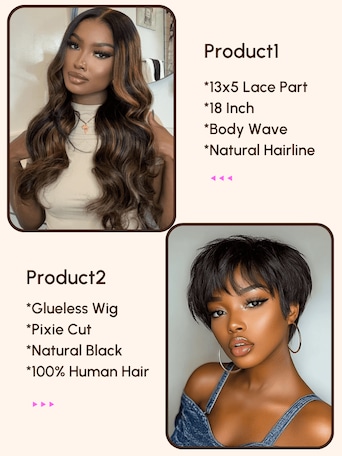 $99=2 Wigs | 18" Lace Frontal Balayage Lace Part Wig and Pixie Cut Glueless Wig