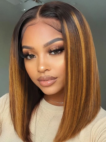 UNice Bye-Bye Knots 7x5 Lace Brown With Blonde Piano Highlights Blunt Bob Wig with Dark Roots