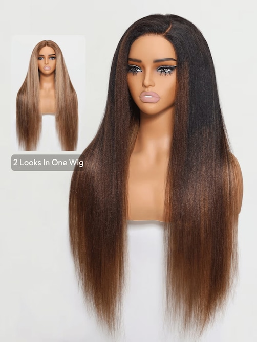 [2 Wigs In 1 Price] 4x4 Yaki Straight Wig Ombre Chestnut Brown & 4x1 Lace Honey Blonde Higlight 2 Styles In 1 Put On And Go Wig