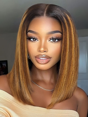 UNice Bye-Bye Knots 7x5 Lace Brown With Blonde Piano Highlights Blunt Bob Wig with Dark Roots