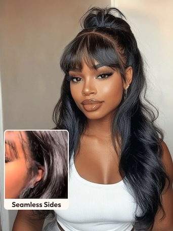 UNice 7x5 Bye-Bye Knots™ & 13x4 Pre-Everything™ Lace Frontal Pull And Go Black Fluffy Natural Loose Wave Curtain Bangs Wig with Free Ear Tape