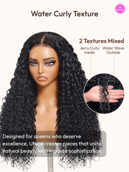 UNice 13x4 Pre-Everything™ Lace Frontal Natural Black Bouncy Water Wave Curly Wig Perfect For Summer Look