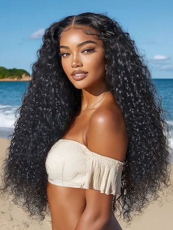UNice 13x4 Pre-Everything™ Lace Frontal Natural Black Bouncy Water Wave Curly Drawstring Exclusive Design Wig Perfect For Summer Look