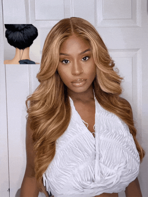 ByeBye Knots Wig 7x5 Pre-Cut Glueless Lace Honey Blonde Body Wave Wig With Bleached Clean Knots