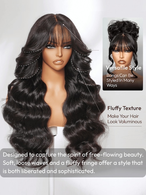 UNice 7x5 Bye-Bye Knots™ & 13x4 Pre-Everything™ Lace Frontal Black Fluffy Natural Loose Wave Curtain Bangs Wig