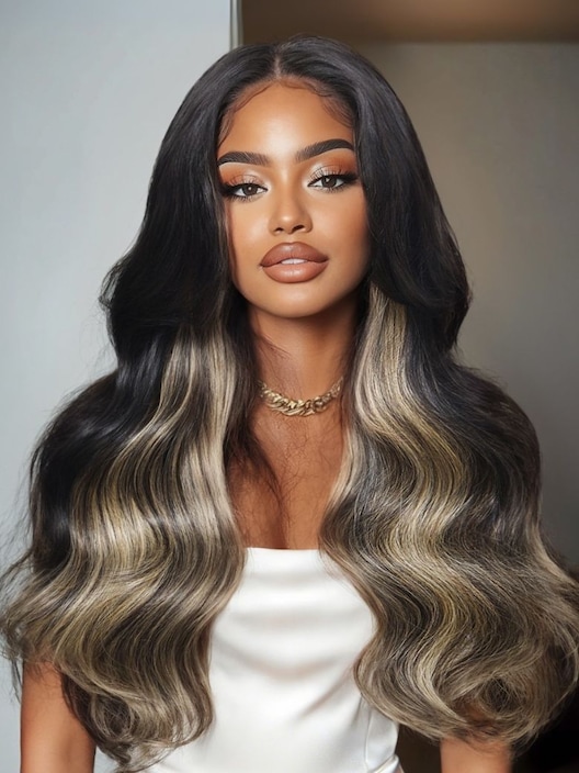 UNice Bye-Bye Knots™ 7x5 Lace Black With Blonde Highlight Loose Wave Wig With Invisi Drawstring & Face Framing Layers