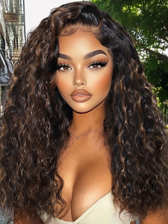 UNice Bye-Bye Knots 7x5 Lace Water Wave Black Wig With Golden Brown Highlights & Natural Black 150% Density Perfect Beach Look for Summer