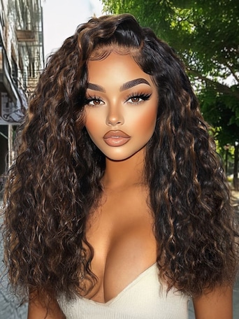 UNice Bye-Bye Knots 7x5 Lace Water Wave Black Wig With Golden Brown Highlights & Natural Black 150% Density Perfect Beach Look for Summer