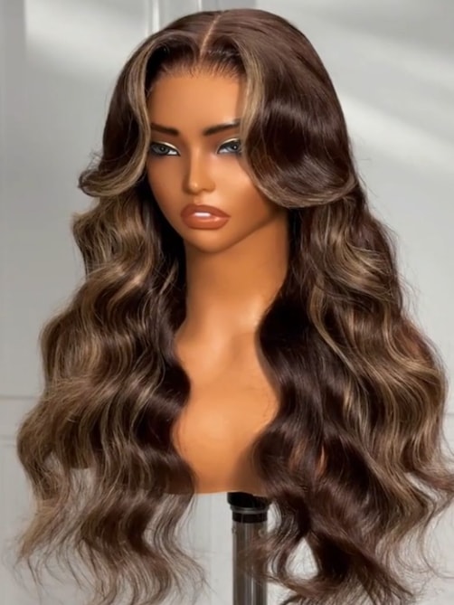 UNice Bye-Bye Knots 7x5 Lace Chocolate Brown Hair With Highlights Loose Wave Wig With Face Framing Layers
