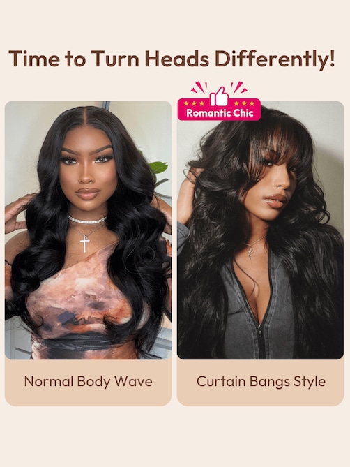UNice 7x5 Bye-Bye Knots™ & 13x4 Pre-Everything™ Lace Frontal Pull And Go Black Fluffy Natural Loose Wave Curtain Bangs Wig with Free Ear Tape