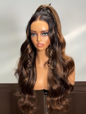 UNice 7x5 Bye Bye Knots™ Wig Glueless Lace Balayage Highlight Body Wave Drawstring & Curtain Bangs Wig