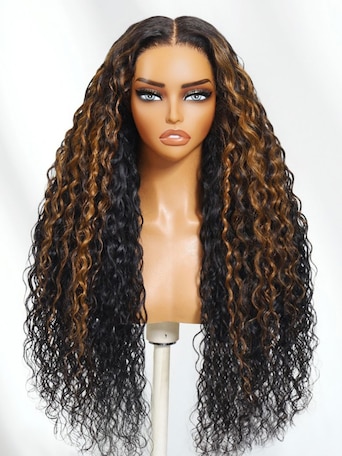 UNice Bye-Bye Knots™ 7x5 Lace Black with Caramel Piano Highlights Water Wave Wig With Invisi Drawstring
