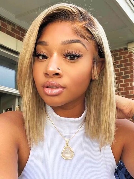 7x5 Bye-Bye Knots Lace Blonde with Brown Roots Side Part Blunt Bob Wig