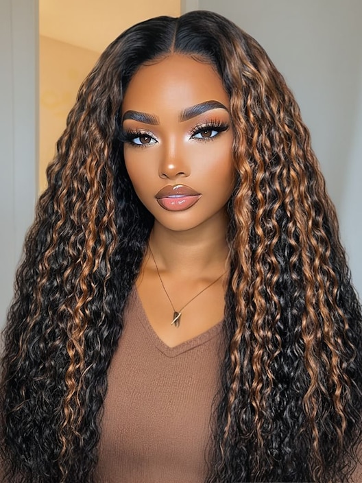 UNice Bye-Bye Knots™ 7x5 Lace Black with Caramel Piano Highlights Water Wave Wig With Invisi Drawstring