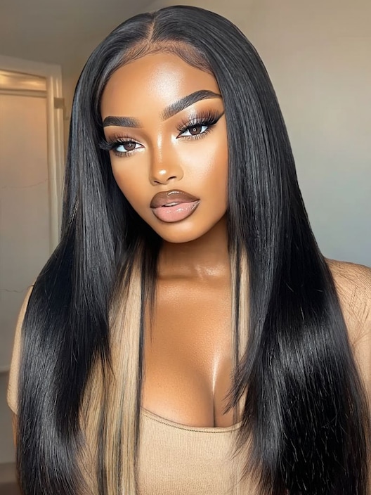 UNice Bye-Bye Knots™ 7x5 Lace Black with Blonde Peekaboo Highlights Layered Straight Wigs with Invisi Drawstring