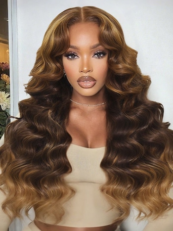UNice 13x4 Pre-Everything™ Lace Frontal Brown Balayage Loose Wave Glueless Drawstring Wig with Layered Curtain Bangs