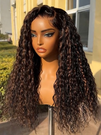 UNice Bye-Bye Knots 7x5 Lace Water Wave Black Wig With Golden Brown Highlights & Natural Black 150% Density Perfect Beach Look for Summer