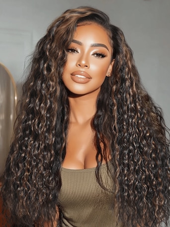 UNice Bye-Bye Knots 7x5 Lace Water Wave Black Wig With Golden Brown Highlights & Natural Black 150% Density Perfect Beach Look for Summer
