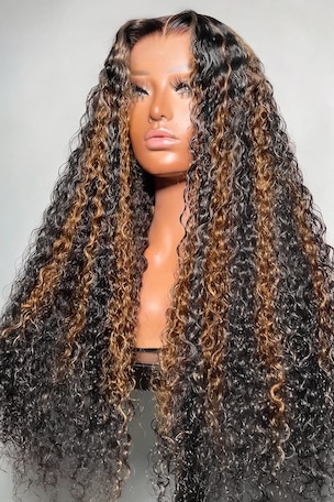 UNice Bye-Bye Knots™ 7x5 Lace Black with Caramel Piano Highlights Water Wave Wig With Invisi Drawstring 150% Density