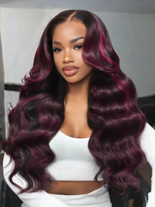 UNice 13x4 Pre-Everything™ Lace Frontal Black With Burgundy Highlights Loose Wave Wig with Face Framing Layers