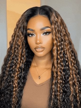 UNice Bye-Bye Knots™ 7x5 Lace Black with Caramel Piano Highlights Water Wave Wig With Invisi Drawstring 150% Density